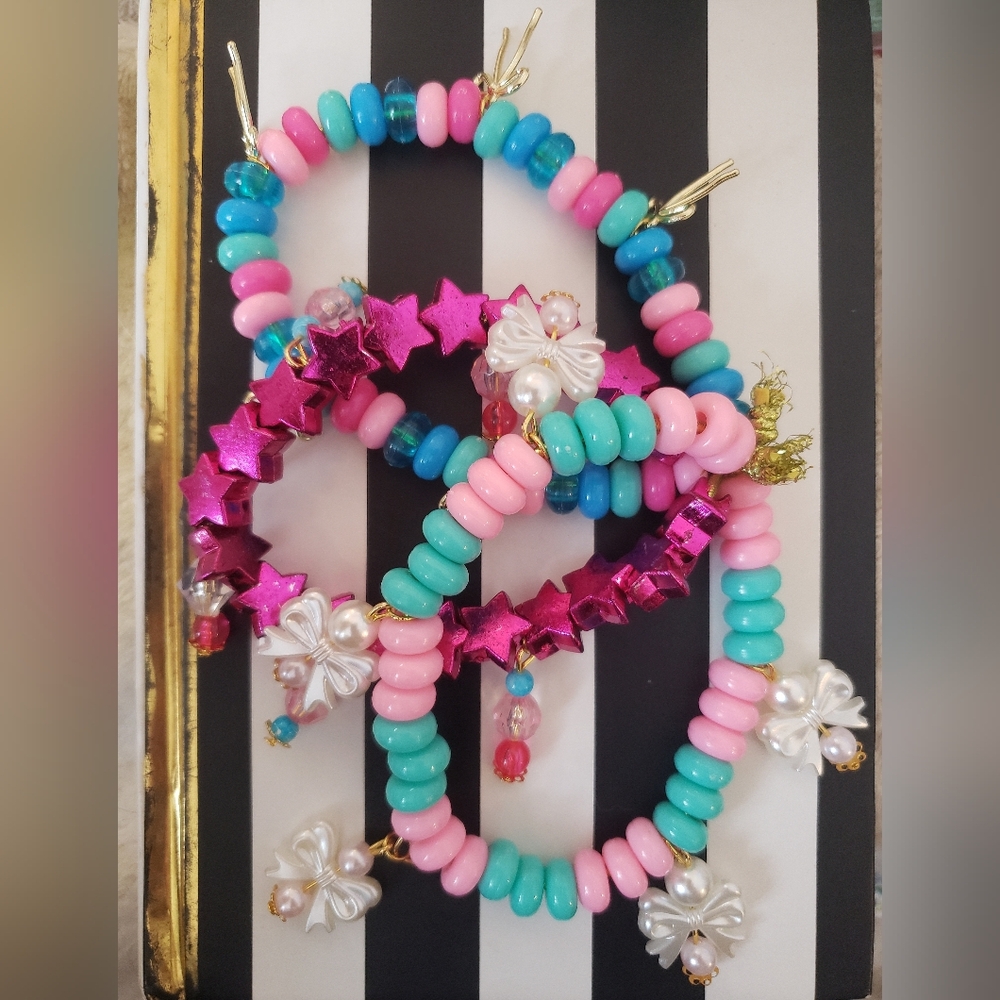 Super Cute Handmade Pink & Blue Bracelet With 3 Layers & Bow Beads & Charms